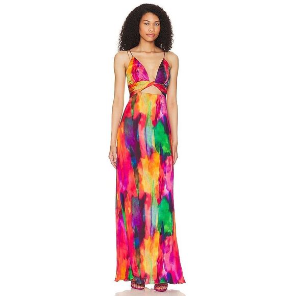 NWT Yaura Aquarelle Cutout Lace-up Back V-neck Maxi Tinuke Dress Multicolor Sz 6